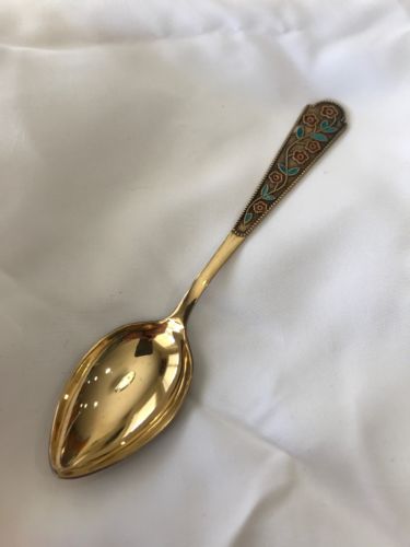 Vtg Russian USSR Gold Gilt 875 Silver Tea Spoon, Red Enamel