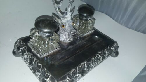 Antique James Deakin & Sons Sheffield Silver Plated stag all cut glass Inkwell