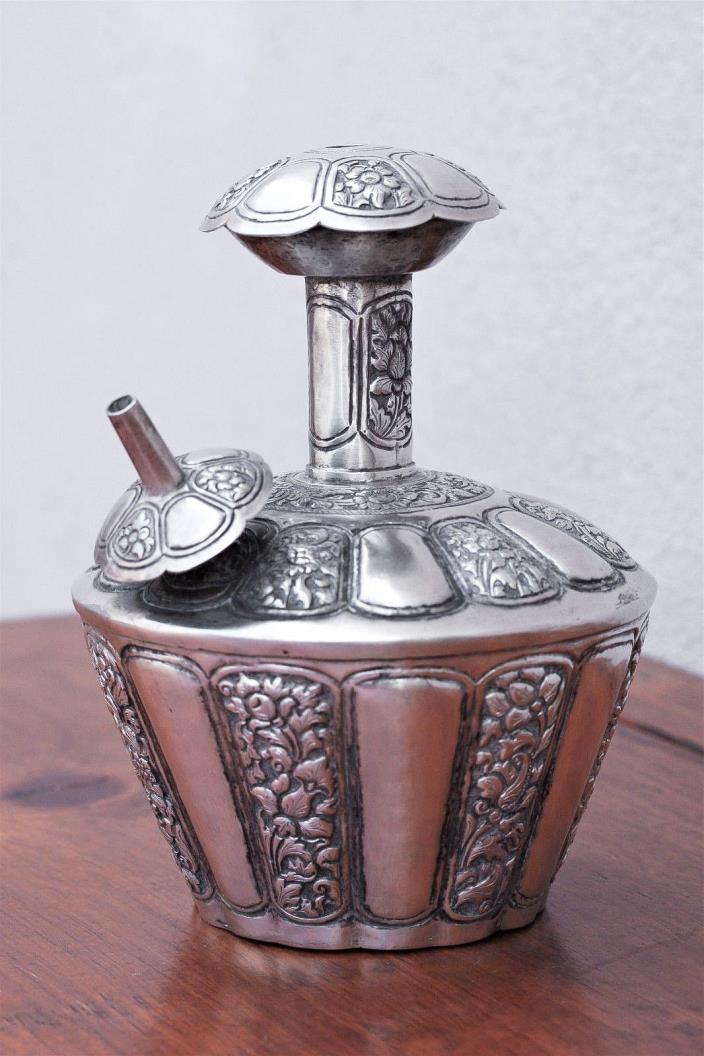 Antique 19th Century Silver Kendi , Floral Repousse, Holy Water Ritual Container