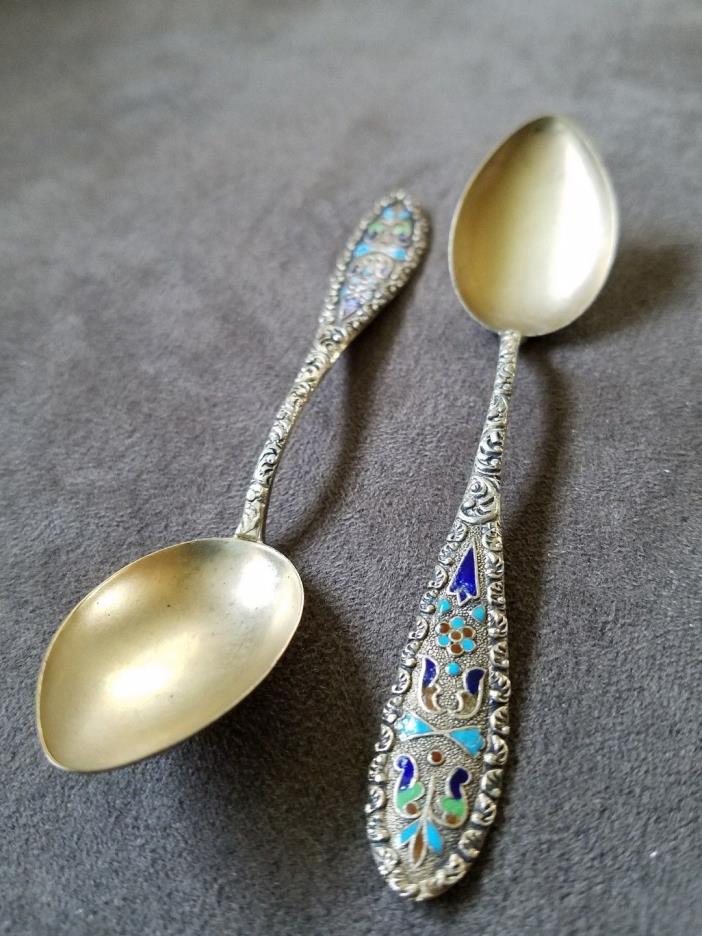 pair 2 antique silver spoons w/ enamel handles gold wash