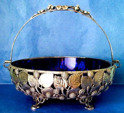 Berndorf Austria Antique Art Nouveau SP Bridal Basket Cobalt Blue Glass ca. 1880