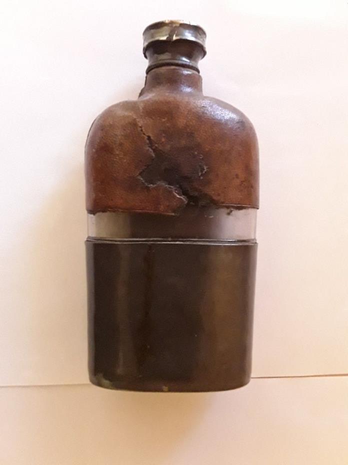 Vintage Whisky Flask very unique Glass Vessel  Bound in Leather and Metal