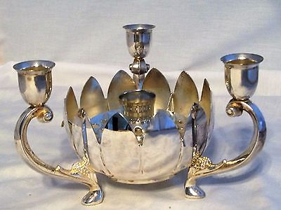 LEONARD SILVERPLATE 3 LIGHT CANDELABRA w/ LOTUS BOWL & 1 LIGHT FROG CENTERPIECE
