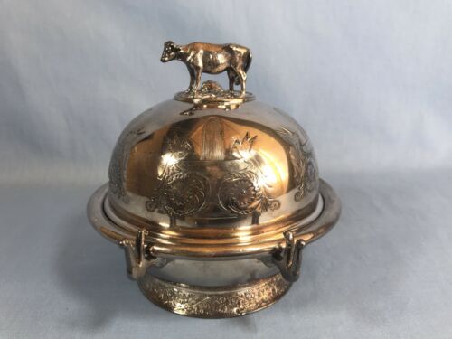 Antique Figural Cow Etch Birds Silver Plate Butter Dish Dome Rogers & Bro C1800s
