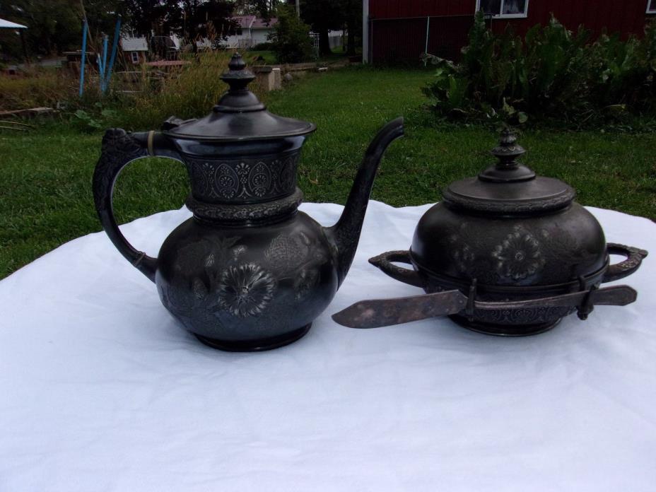 Victorian Antique WM Rogers Butter Dome Dish w/Knife & Tea Pot Quadruple #1112