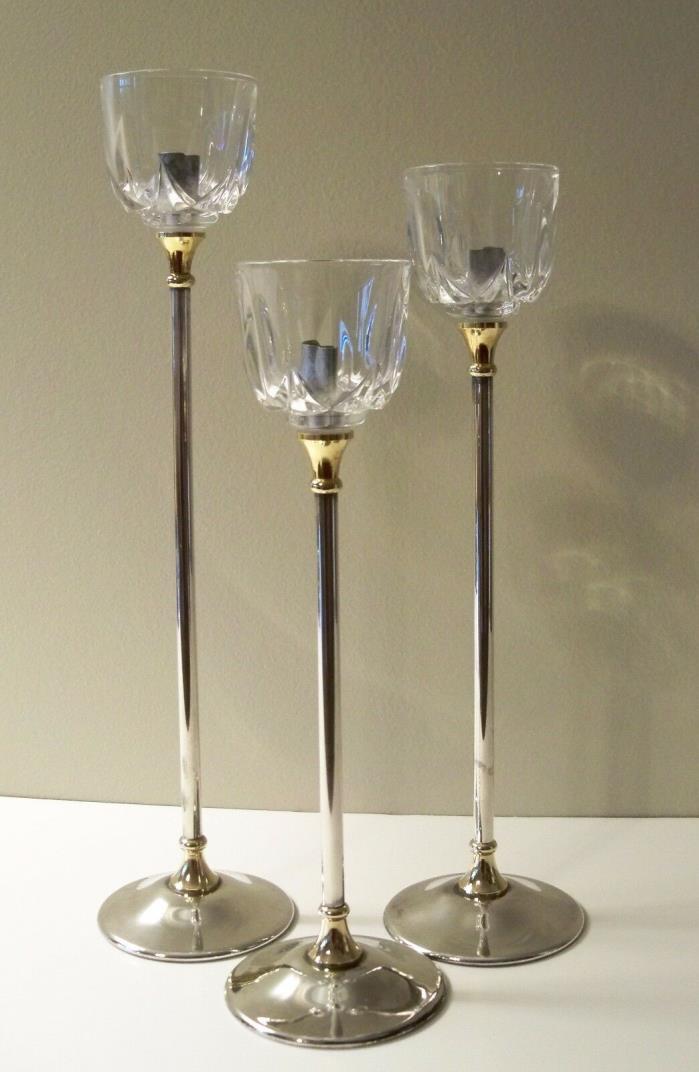 SILVERPLATE & CRYSTAL TALL CANDLE HOLDERS-Set of 3 by ARGENTE ITALY BRASS ACCENT