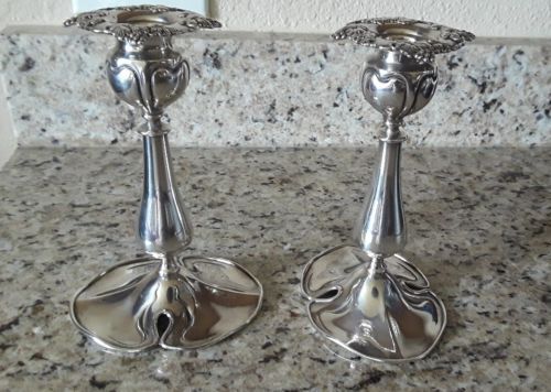 Antique Derby Silver Co Art Nouveau  Pair Silverplate Candlesticks