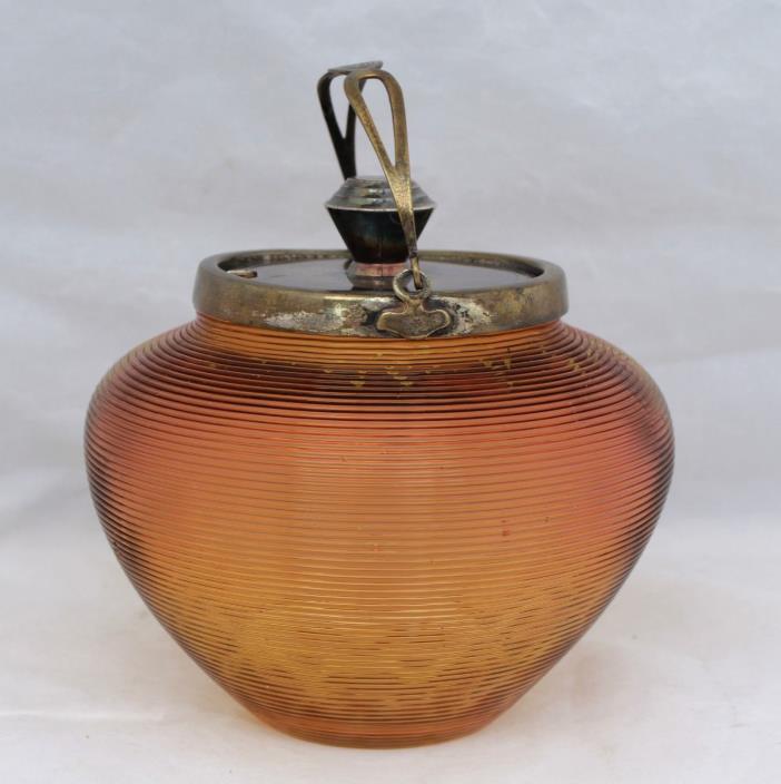 Ribbed Amber Glass Condiment/Sugar Bowl With Elkington Silver Plate - Circa 1900