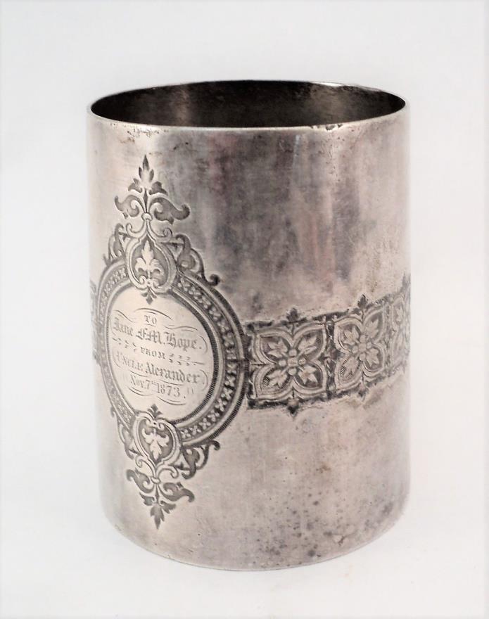 Antique Silver-Plated Cup Mug Dated 1873 To Jane from Uncle Alexander - Estate
