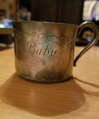 Antique CARLTON Silver Plate Baby Cup Etched BABY Cloud Ornate Handle WaxInside