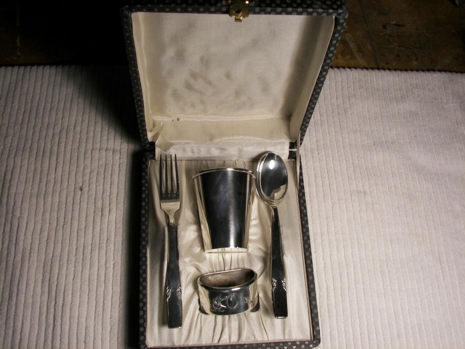 Vintage 1950's Alpaca Baby Cup, Napkin Holder, Fork and Spoon New Baby Keepsake!