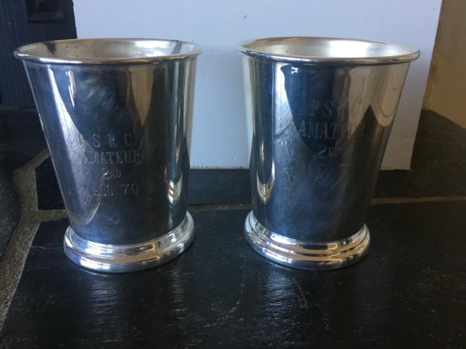 2 Silverplate Silver Sheridan Mint Julep Cups Dog Show Trophies Engraved Vintage