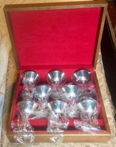 Vintage Salem Silver Plate Coupe Champagne Stemware 8 Cup Set Wood Case Portugal