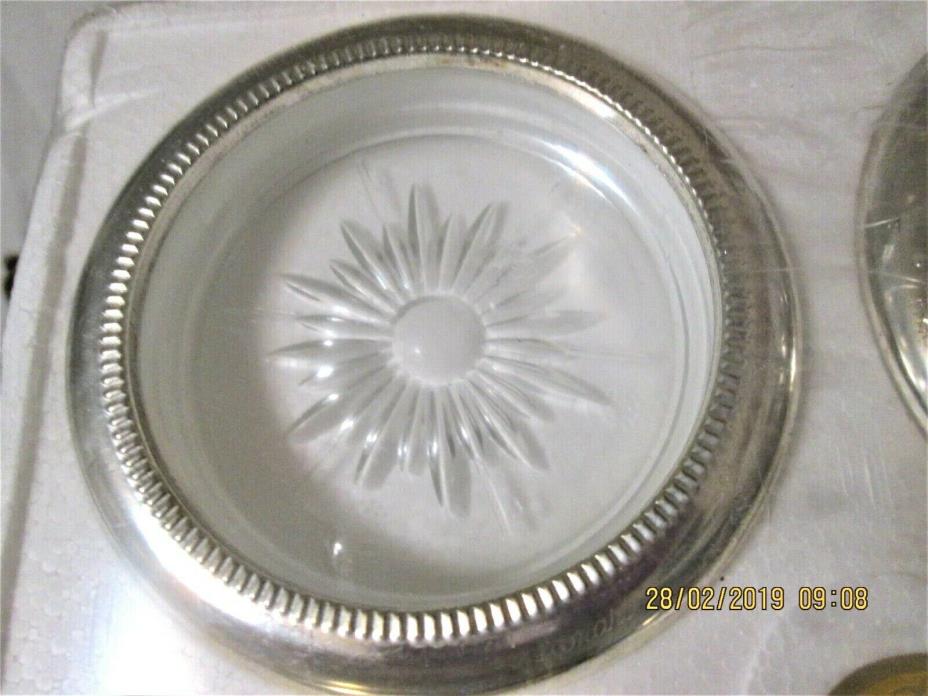 LEONARD SILVER PLATE AND CRYSTAL COASTERS NEW IN PACKAGE BOX 3 7/8