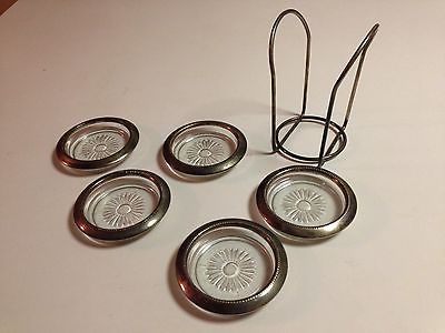 STARBURST PATTERN COASTERS & STAND  SILVERPLATED - 5 COASTERS TOTAL