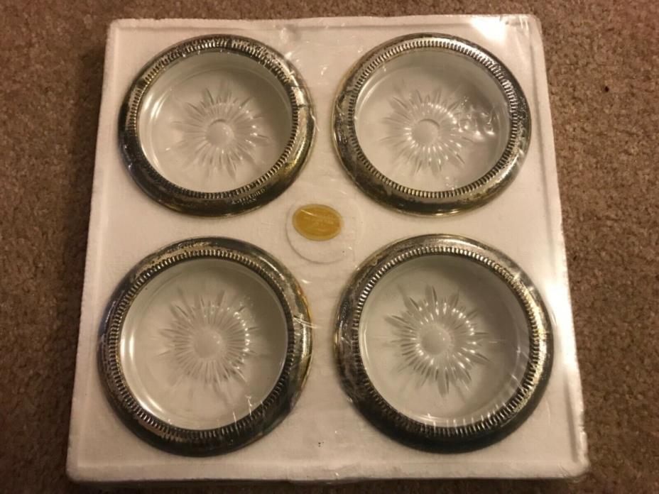 4 Vintage LEONARD CRYSTAL Glass Coasters Made In ITALY With Silver Plate Rim's