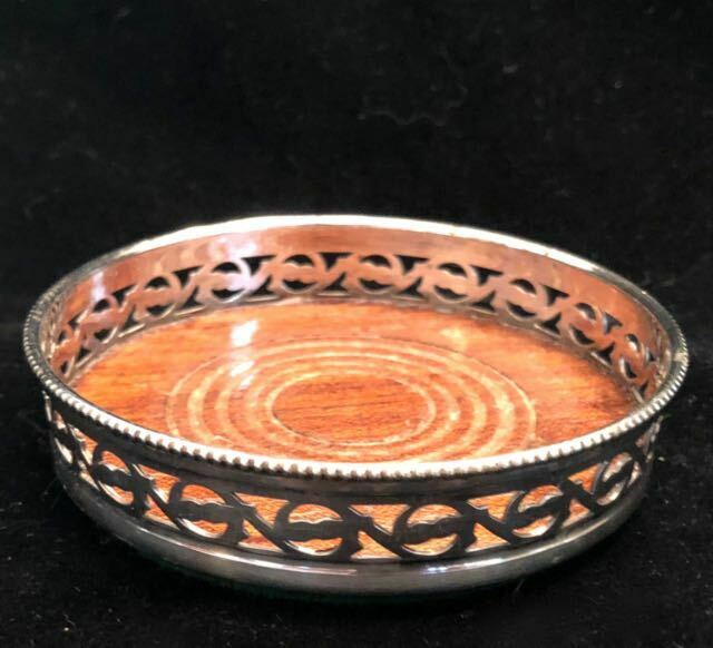 Antique Silver Plate & Wood  Coaster