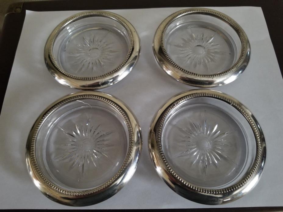 Vintage Pressed Glass Coasters Starburst Pattern Silver Plate Trim Set of Four