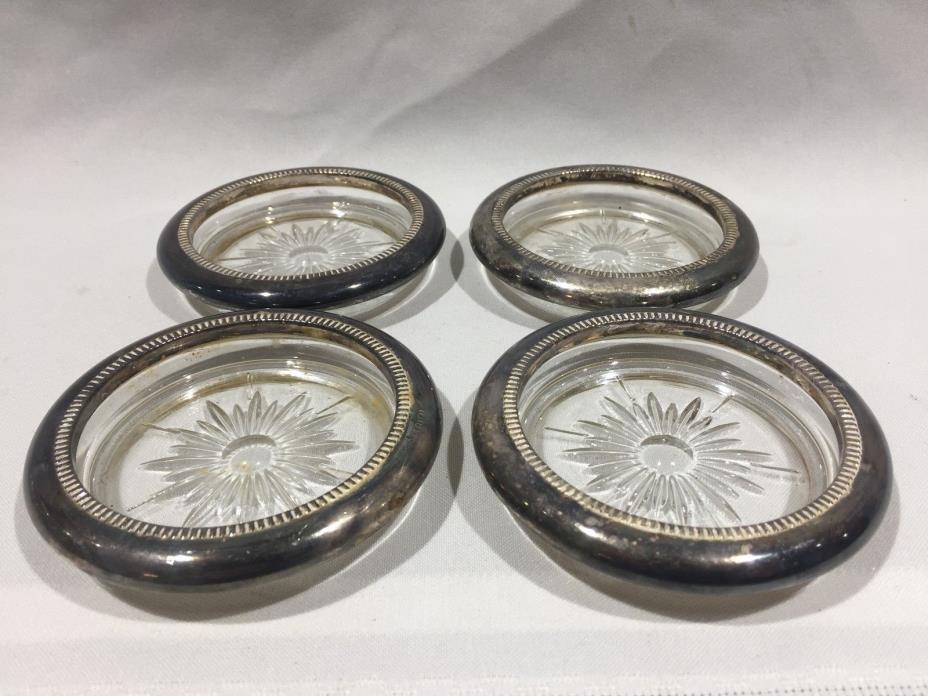 VINTAGE SET OF 4 CLEAR CRYSTAL GLASS W/ SILVERPLATE RIM DRINK COASTERS, ASHTRAYS