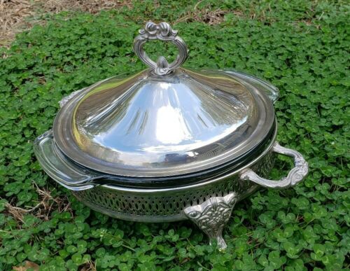 Vintage Silverplate Footed Covered Round Casserole Dish with handles