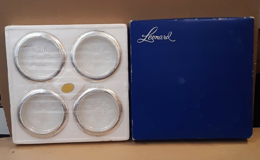 4 Vintage LEONARD CRYSTAL Coasters ITALY Silver Plate Trim Orig Sealed Box
