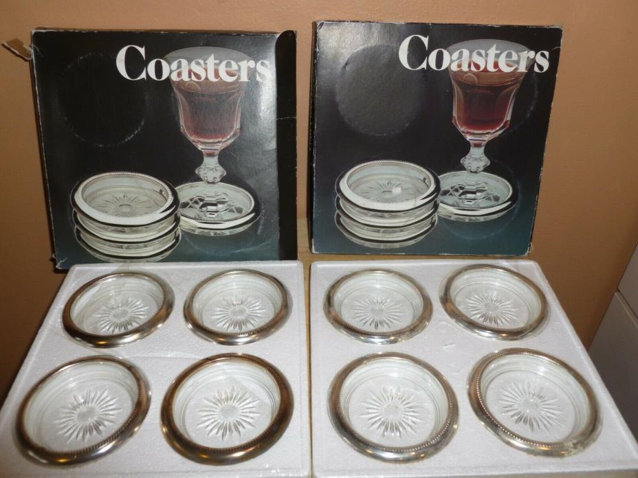 2 sets of 4 VINTAGE LEONARD SILVERPLATED CRYSTAL COASTER SETS NIB