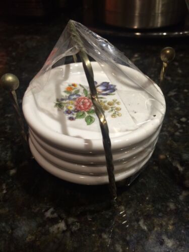Vintage Porcelain Coaster Set In Holder