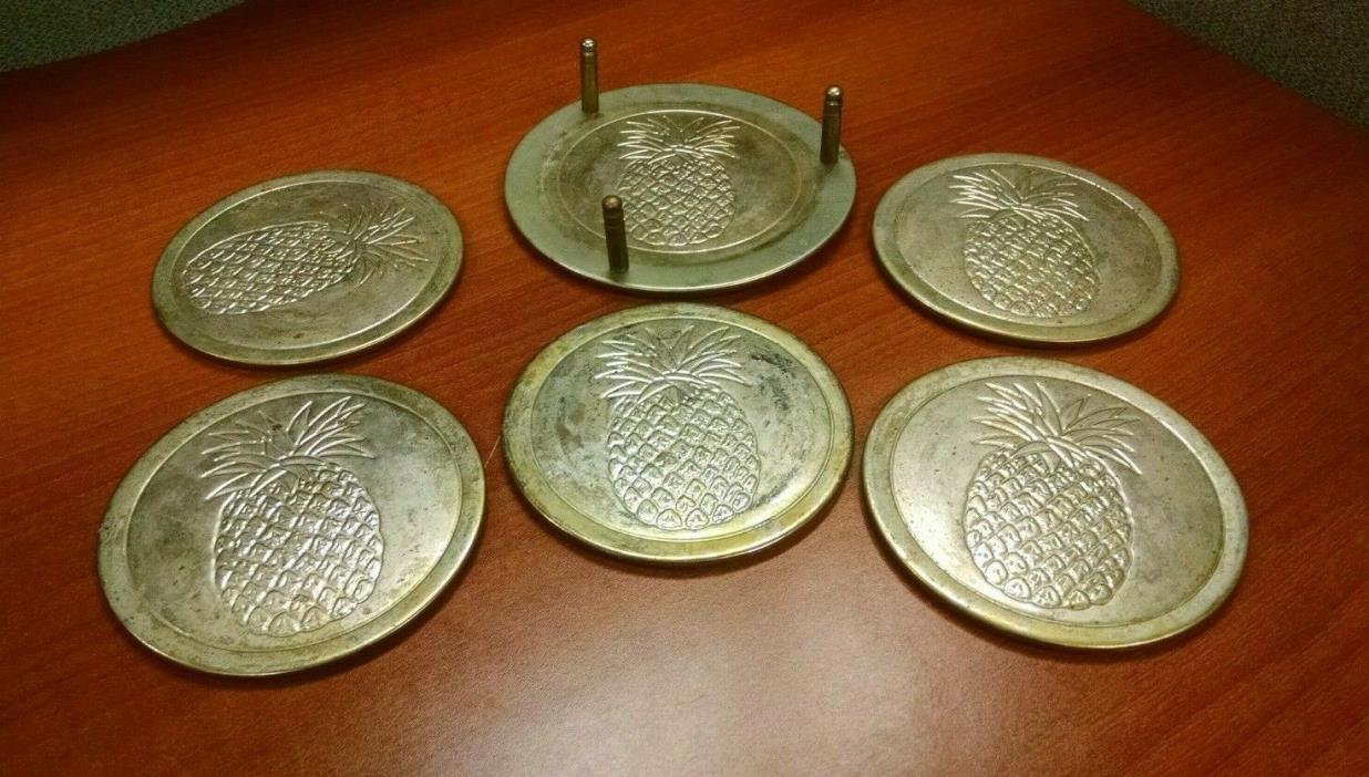 Lot of 5 Vintage Pineapple Design Silverplate Coasters with Holder