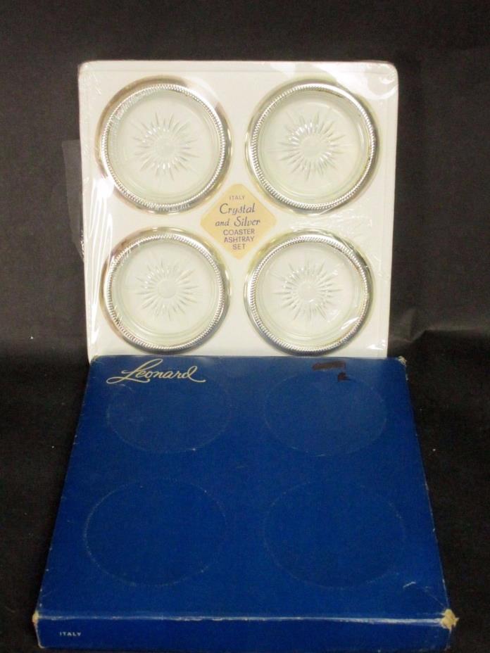 Vintage set of 4 Leonard Italy Crystal and Silver Coaster Ashtray Set NIB