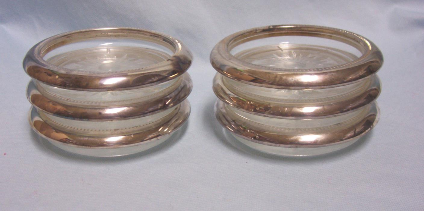 GLASS COASTERS: Set (6) Glass Coaster with Silver Plated Rings from Italy