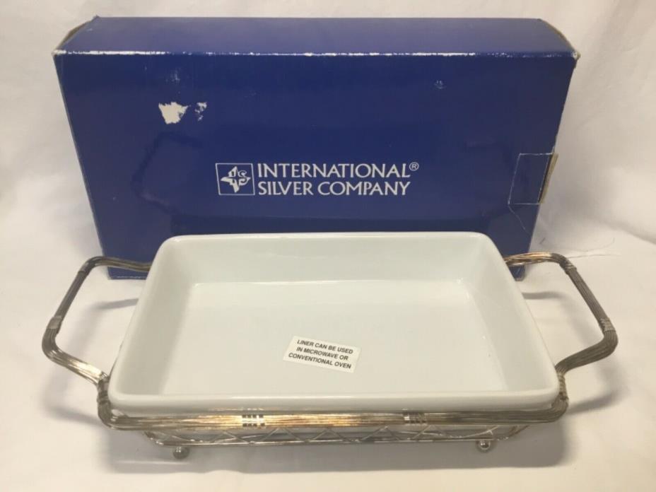 International Silver Co Silverplated Wire Basket Server w/White Porcelain Dish