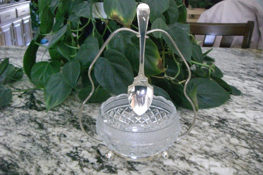 CONDIMENT SET, SILVER PLATE, MADE IN ENGLAND, GLASS BOWL AND SPOON, VINTAGE