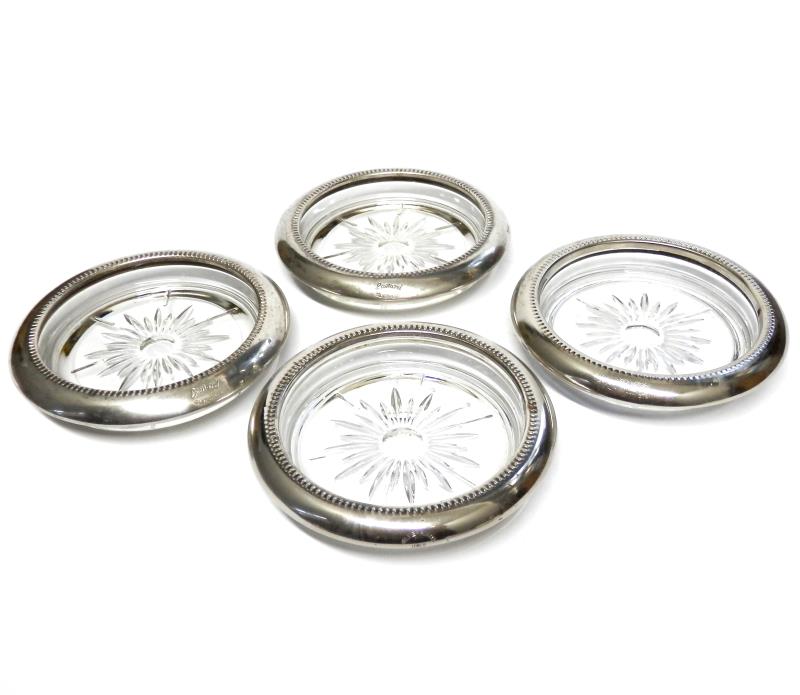Set of Four Vintage Glass Coasters Silver Plated Collar Trim LEONARD Italy 4