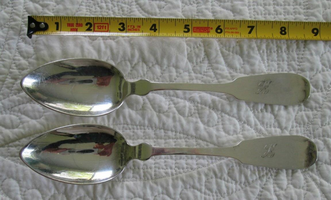Pair 19th century Holmes & Tuttle FIDDLE pattern serving spoons w/ 'K' monogram