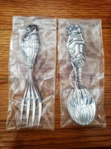 NEW REED & BARTON CHILDS SILVERPLATE SAFARI PARROT FORK AND MONKEY SPOON
