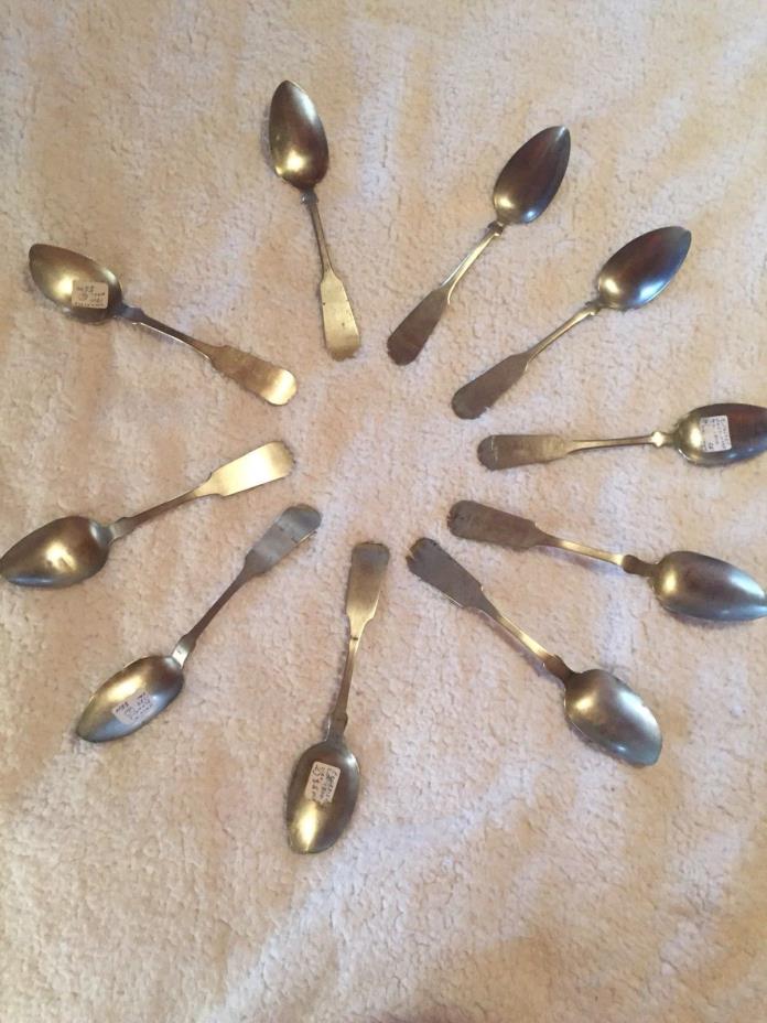 ANTIQUE POSSIBLY COIN SILVER FIDDLE BACK 10 SERVING SPOONS 1700's-1800's BIN!