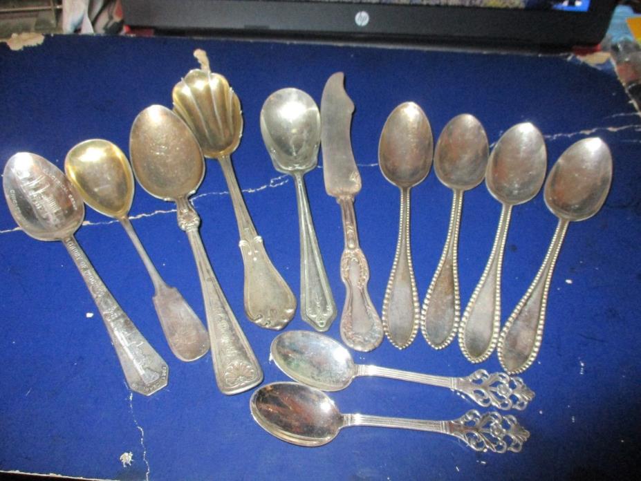 ANTIQUE VINTAGE SILVER AND SILVERPLATE SUGAR SPOONS TEASPOONS SET 4 BEADED LOT