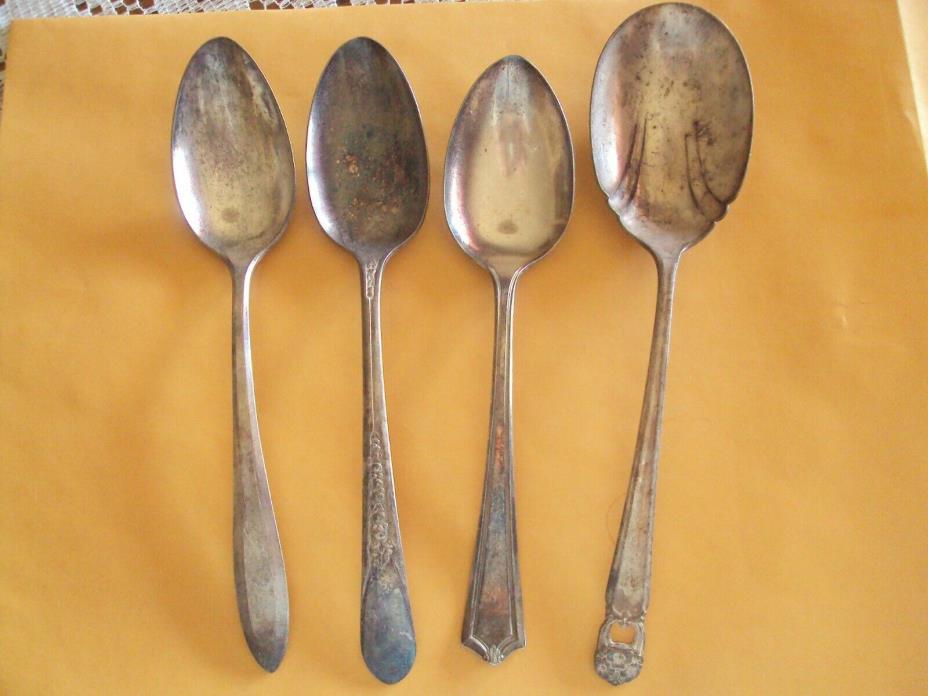 Lot of 4 Antique serving spoons silver plated mixed patterns, crafting items