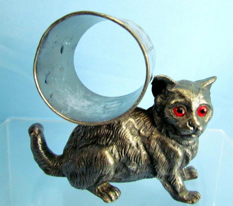 Cat with Glass Eyes Figural Meriden Silver Plate 235 Napkin Ring ca 1875