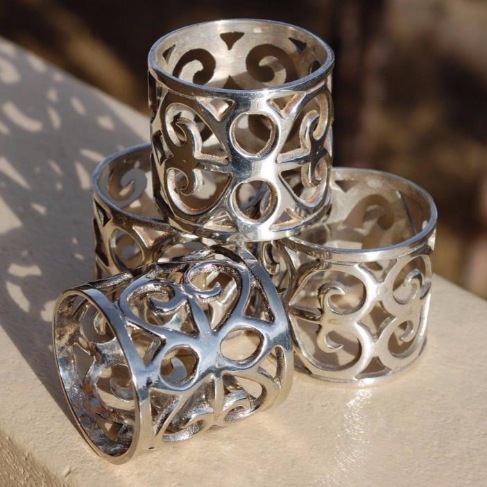 Four  SilverPlate Napkin Rings Holders Vintage Handmade India Heart Design Round