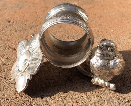 Victorian Silver Plated Floral Flower & Baby Bird Figural Napkin Ring