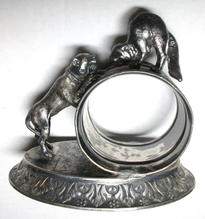 Antique Meriden Silver Plate Figural Napkin Holder Ring Victorian Dog Cat # 275