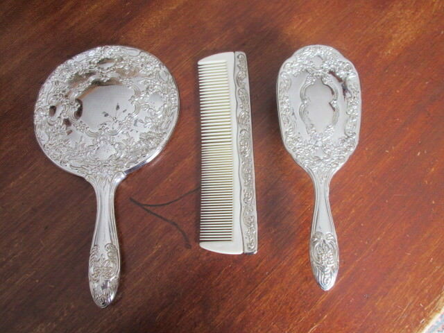 nice Antique SILVER PLATED DRESSER SET MIRROR,BRUSH,COMB W/ repousse flowers