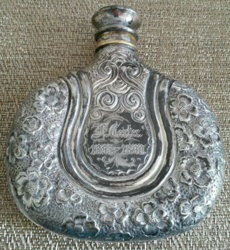 ANTIQUE HAND ETCHED & DATED FANCY LADIES  SILVERPLATE FLASK PINCHED FRONT & BACK