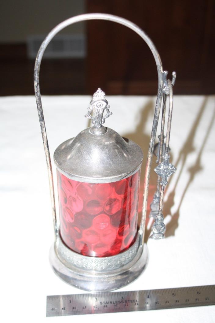 Antique  James Tufts Boston CRANBERRY GLASS Pickle Castor Quadruple Silver 3603