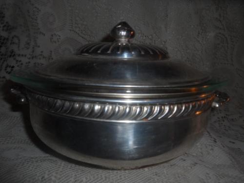 Vntg Ornate Pilgrim SilverPlate w/Glass Pyrex Chafing Dish Casserole Holder Set