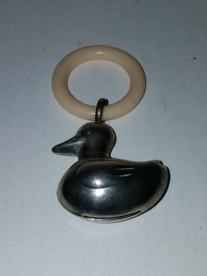 Rare Vintage Retro Silver Plate Duck Baby Teething Rattle - Gorgeous!