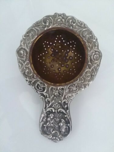 Vintage German Silverplate & Brass Flower / Figure Pattern Tea Strainer