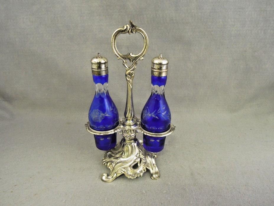 Caddy  Eteched Glass Shakers Cobalt  Rose Pattern  Silver Plate  Vintage
