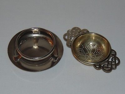 VINTAGE ANTIQUE ENGLISH SILVER PLATE FOOTED TEA STAINER & PLATE SET